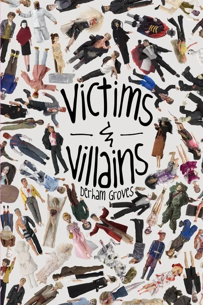 The cover of Victims & Villains: the title in black script over a scatter of small photographs of dressed-up dolls.