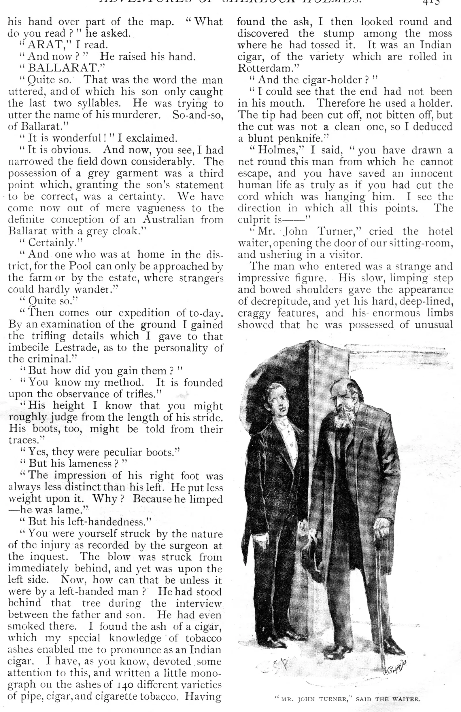 Page 413 of the Strand, October 1891. In the left column Holmes covers part of a map of Victoria: “What do you read?” “ARAT,” I read. “And now?” He raised his hand. “BALLARAT.” In the right column Paget draws John Turner, a huge bent old man with a white beard and a stick, shown in by a young waiter: “Mr. John Turner,” said the waiter.