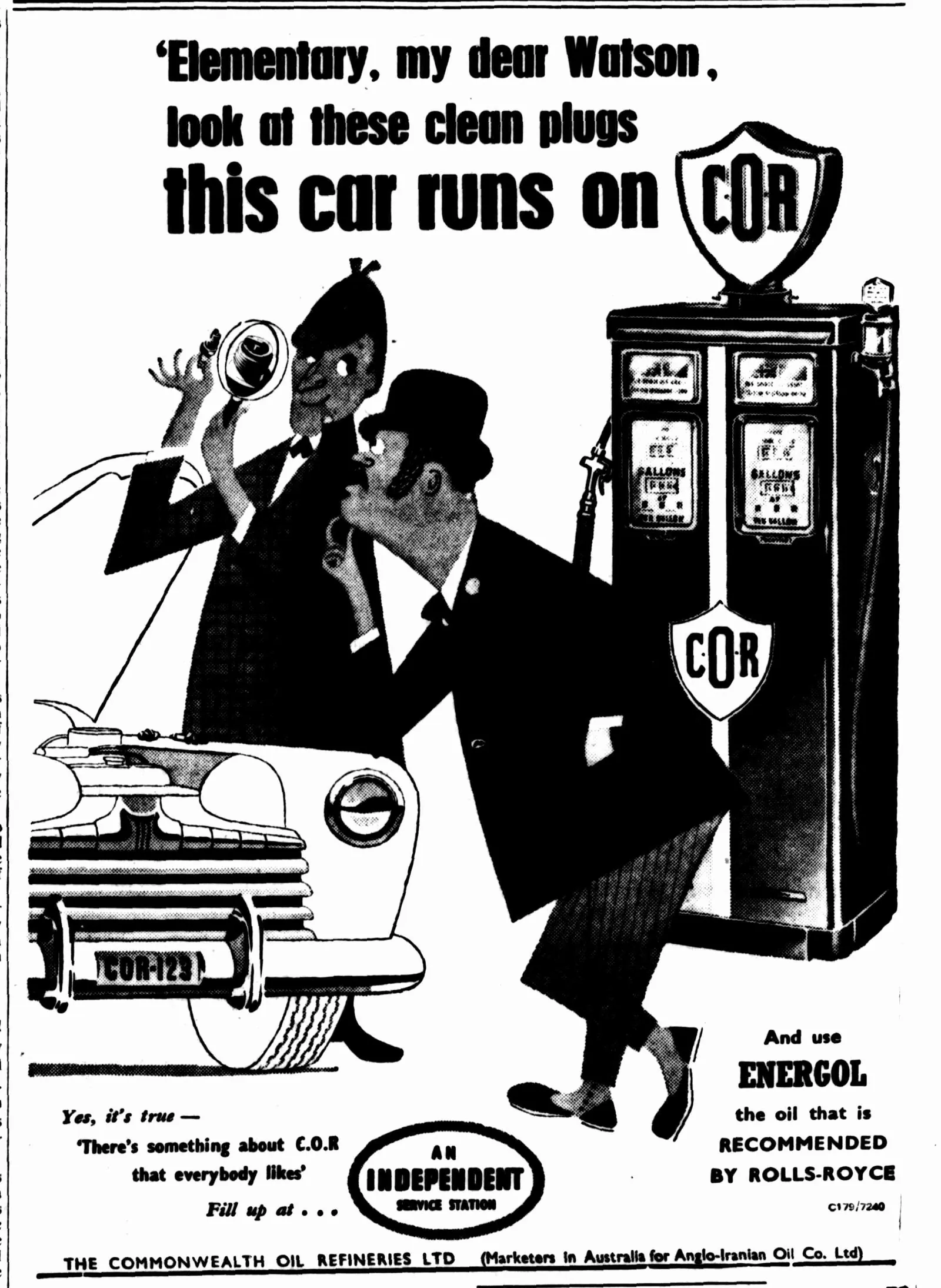 A cartoon advertisement: Holmes holds a spark plug up to his magnifying glass while Watson leans on a car plated COR-123 by a C.O.R. pump: “Elementary, my dear Watson, look at these clean plugs, this car runs on C.O.R.”
